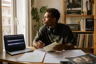 Young man writing rap lyrics at a desk in a sunlit living room, surrounded by papers, a laptop, and music records.