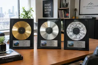 Three framed award records—gold, platinum, and diamond—on a table in a sunlit modern office, suggesting music industry certifications.