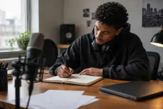 Jeune adulte écrivant un texte de rap dans un studio de musique, avec un microphone au premier plan et une lumière douce.